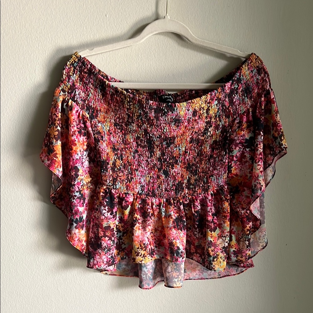 Bebe Multicolor Floral Smocked Off The Shoulder Top Chiffon Flutter Sleeve M‎